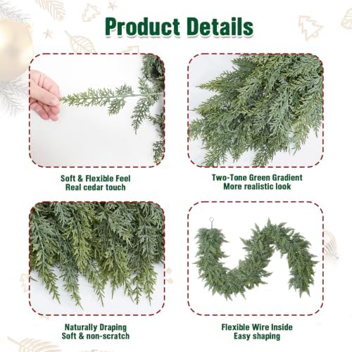 6FT Christmas Cedar Garland, Real Touch Greenery Garland, Realistic Two-Tone Soft Artificial Green Garland for Mantle Fireplace Table Stairs Door Porch, Indoor Outdoor Winter Holiday Decorations - Image 3