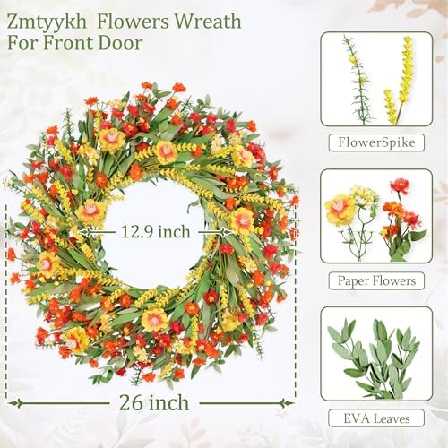 26" Floral Wreath, Artificial Spring Wreaths for Front Door, with Wildflower Portulaca Flowers, Indoor Outdoor Porch Window Wall Home Decor for Valentine’s Day Easter, Summer & Wedding Orange - Image 2