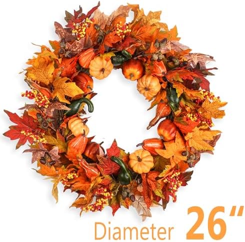 Fall Wreaths for Front Door 26 inch, Fall Door Wreath with Pumpkin, Maple Leaves Autumn Thanksgiving Harvest Festival Decorations Indoor and Outdoor - Image 2