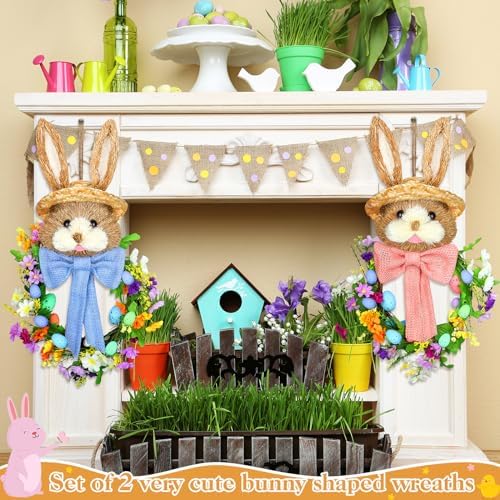 Zeyune 2 Pcs 18.1"x 11.4" Easter Bunny Wreath with Colorful Eggs Artificial Easter Wreath Mixed Flowers Green Leaves Hanging Bunny Shaped with Straw Hat and Bow for Front Door Wall(Bow Bunny) - Image 3