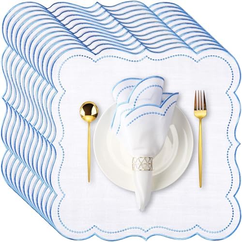 Hahafelt 12 Set Scalloped Cloth Napkins, Embroidery Polyester, Blue by Hahafelt