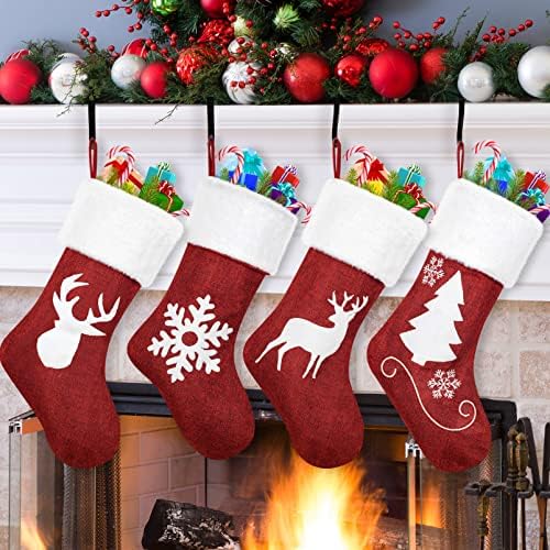 4 Pack Christmas Stockings Set, Christmas Stocking Soft Classic Red White Fireplace/Mantle Hanging for Family Holiday Xmas Party Decorations Snowflake Tree Deer Design(Set 4 Stocking 18 inch) by DECFINE