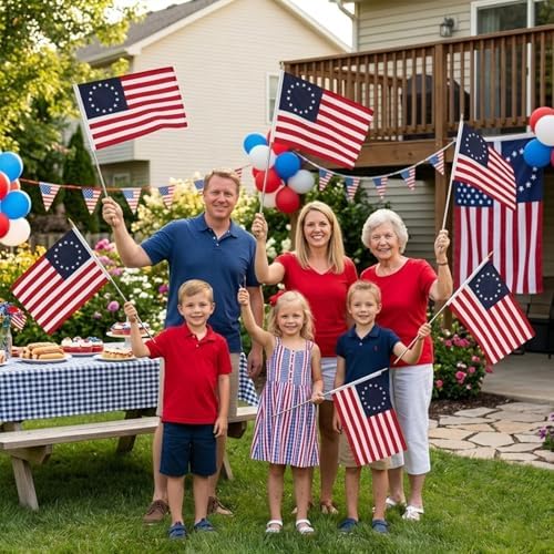 JRED Betsy Ross 13 Stars American Flags on Stick 6 Pack, 12x18 Inch 250 Anniversary Handheld US Flags with Retractable Stainless Steel Pole Safety Spear Top for 4th of July - Image 2