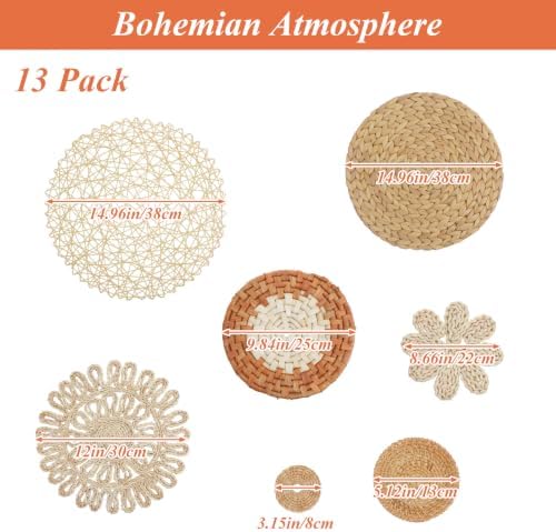 13 Pcs Boho Wall Basket Decor Woven Rattan Flat Baskets Handmade Boho Wicker Bamboo Seagrass Wall Hanging Decor for Bedroom Living Room Dining Room Office Ready to Hang (Plain) - Image 2