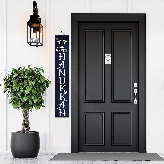 FemiaD Hanukkah Wooden Sign Happy Hanukkah Porch Sign Hanukkah Chanukah Hanging Door Sign Welcome Sign Indoor Outdoor Jewish Judaism Synagogue Chanukah Party Decor 8x63inch - Image 6