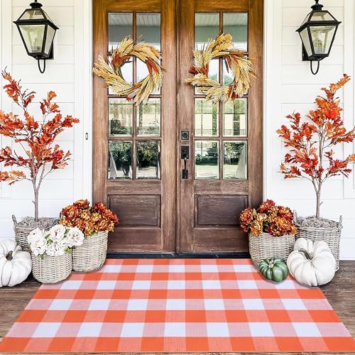 Orange and White Plaid Rug, 3' x 5' Fall Front Door Decor Mat, Cotton Washable Hand-Woven Door Mat for Layered Doormat, Autumn Halloween Thanksgiving Carpet for Porch, Entryway by Homydecor