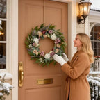 26 Inch Eucalyptus Wreaths with Roses, Hydrangeas, Lavender, Berries, Salal Leaves, Ferns, Dusty Miller, Green Summer Spring Wreaths for Front Door, Large Wreath for Porch Decor - Image 4