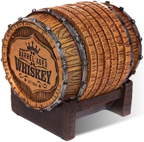 Cabin Obsession Whiskey Barrel Coaster Set – Handcrafted Whiskey Barrel Decor for Whiskey Lovers and Man Cave Gifts for Men - 6 Full Size Whiskey Coasters with Barrel Style Holder for Man Cave Décor by CabinObsession