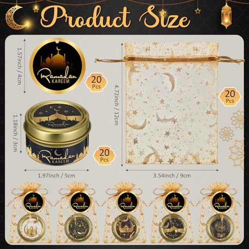MTLEE 20 Set Ramadan Mubarak Scented Candle with Organza Bag and Cards Ramadan Gifts Eid Candles Muslim Scented Light Islamic Party Favors Gifts for Home Muslim Islam Festival Holiday Decor (Gold) - Image 4