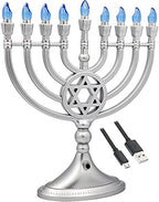 The Dreidel Company Traditional LED Electric Silver Matte Hanukkah Menorah Full Size 13 Inches Tall Battery or USB Powered - Includes a Micro USB Charging Cable by TheDreidelCompany