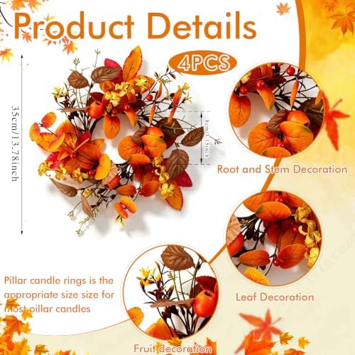 4 PCS Fall Candle Ring Wreaths Artificial Autumn Eucalyptus Candle Wreath with Leaves Berries Flowers Thanksgiving Farmhouse Harvest Wreath Candle Holder for Pillar Candles Table Centerpiece Decor - Image 3