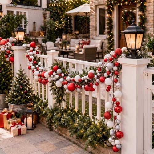 2 Pcs 15 ft Christmas Ball Ornament Garland, Red, White, Silver - Image 6