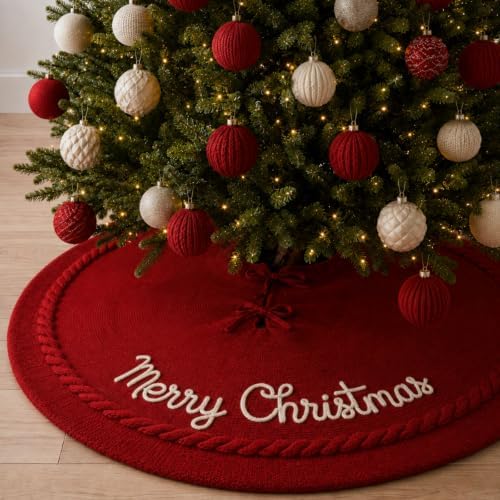 Junkin 48 Inch Christmas Tree Skirt Burgundy Cable Knitted Tree Skirt by Junkin
