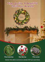 Brightown 24 Inch Pre-Lit Artificial Christmas Wreaths for Front Door,Christmas Decorations Indoor with Pine Cones & Berry Clusters, Christmas Wreath with 50 Lights for Fireplace Wall Window, Plug-in - Image 3