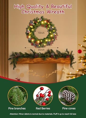 Brightown 24 Inch Pre-Lit Artificial Christmas Wreaths for Front Door,Christmas Decorations Indoor with Pine Cones & Berry Clusters, Christmas Wreath with 50 Lights for Fireplace Wall Window, Plug-in - Image 3