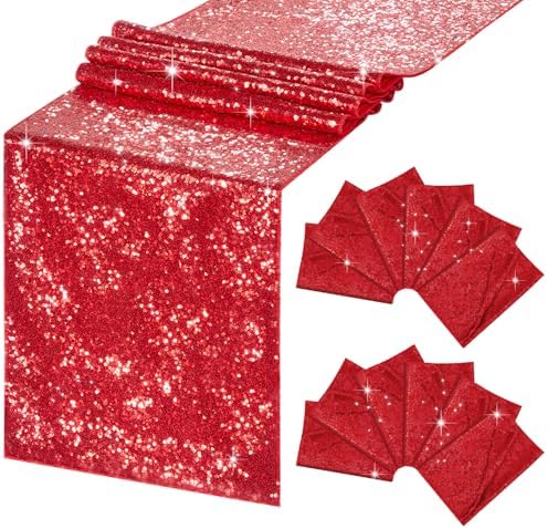 B-COOL Red Table Runner Sequin Metallic Table Runner 12 Pack 12x72 Inches Glitter Sparkly Table Runners for Holiday Party Wedding Decorations by B-COOL
