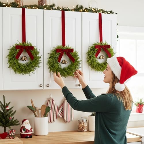 6Pcs Mini Christmas Cedar Wreath, 12 Inch Small Wreaths for Kitchen Cabinets, with Deep Red Bow Vintage Bells Pine and Cypress Leaves for Fireplace Window Farmhouse Indoor Home Decorations - Image 6