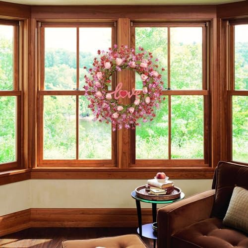 LLZLL Valentines Day Wreath Decor, 22inch Artificial Pink Wreath with Tulip Berry Green Leaf Element, Valentines Wreaths for Front Door Wedding Anniversary Party Candlelight Dinner Decorations - Image 3