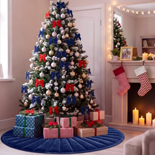 Foilswirl 36 Inch Navy Blue Velvet Quilted Christmas Tree Skirt - Image 5