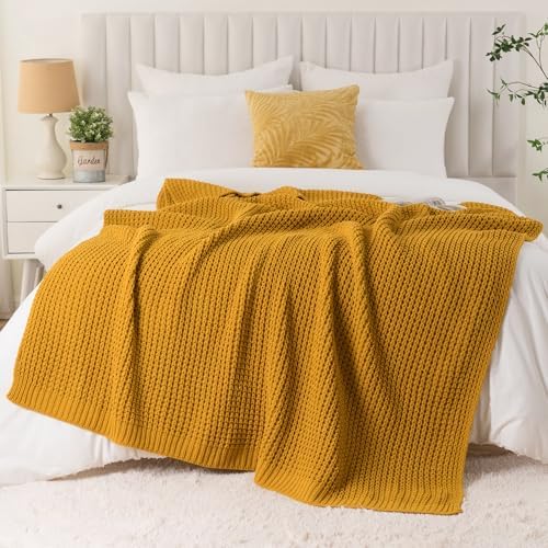 Waffle Knit Throw Blanket, Mustard Yellow Throw Blanket for Couch 50"x60" - Image 5