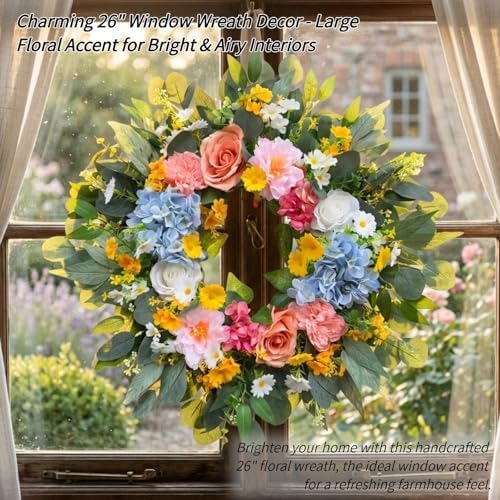 26" Artificial Spring Wreath for Front Door - Large Silk Hydrangea Daisy Rose Mixed Floral Wreath - Farmhouse Porch Wall Decor, Easter Mother's Day Decoration (Multicolor) - Image 4