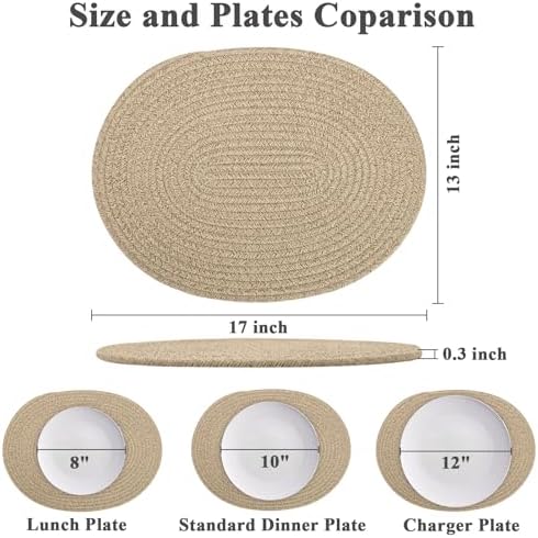 Oval Woven Placemats Set of 6, Boho Cotton Rope Braided Table Mats, 17x13 Inches Non Slip Heat Resistant Place Mats for Dining Room, Thick Hot Pads for Farmhouse Kitchen Table Decor. (Brown) - Image 2
