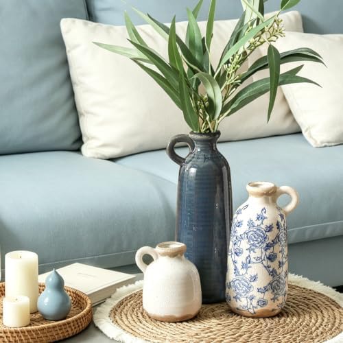 Ceramic Vase Set of 3 with Handle, Vintage Rustic Vases Home Decor Farmhouse Decorative Vase Pottery Decor Modern for Table Mantel Entryway Bookshelf Living Room Kitchen Bedroom - Blue - Image 7