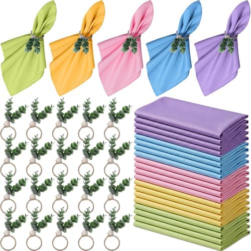 Preboun 20 Pcs Easter Pastel Cloth Napkin with 20 Leaf Napkin Rings 19 x 19 Inch Spring Dinner Reusable Fabric Cocktail Napkins for Farmhouse Easter Party Dinner Table Supplies by Preboun