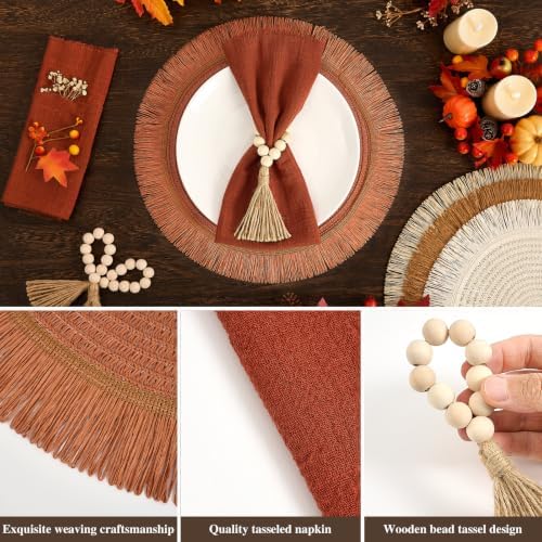 18 Piece 15 Inch Decorative Boho Table Placemats, 6 Set Round Braided Woven Place Mats in Brown Orange Beige White with Rust Napkins and Wood Bead Tassel Rings for Fall Thanksgiving Dining - Image 3