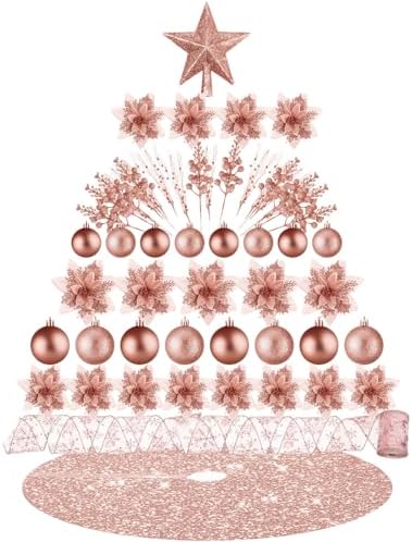 Realspring 72 Pieces Christmas Tree Ornament Set Xmas Assorted Decorations Bulk Glitter Poinsettia Berry Picks Topper Star Sequin Tree Skirts for Home Wreaths Holiday Party Favors (Rose Gold) by Realspring