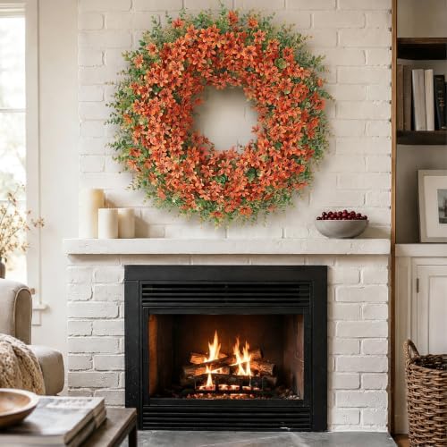 32" Large Artificial Eucalyptus Silk Flower Wreath for Outdoor(Fall Orange) - Image 4