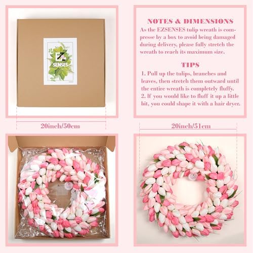 Tulip Wreath for Front Door, 20 Inch Tulip Spring Summer Wreath with Green Leaves, Artificial Floral Door Wreath for All Seasons Wall Window Valentine Easter Home Decor (Pink) - Image 5