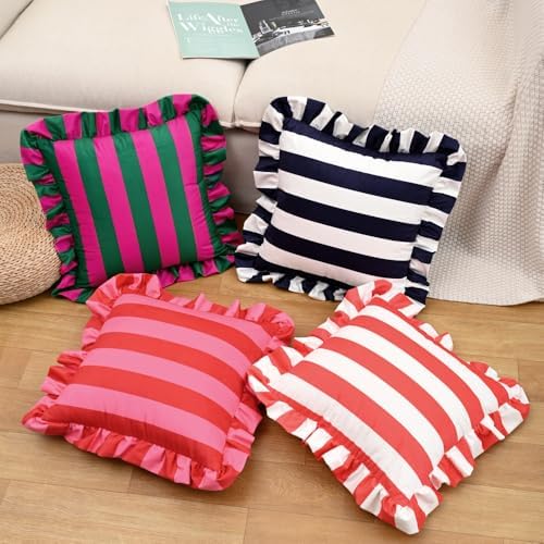 vctops Ruffle Square Throw Pillow Covers Boho Pink and Red Striped Decorative Pillowcases Set of 2, Soft Velvet Accent Cushion Cover Cases for Sofa Bed Living Room Decor (Pink,18"x18") - Image 7