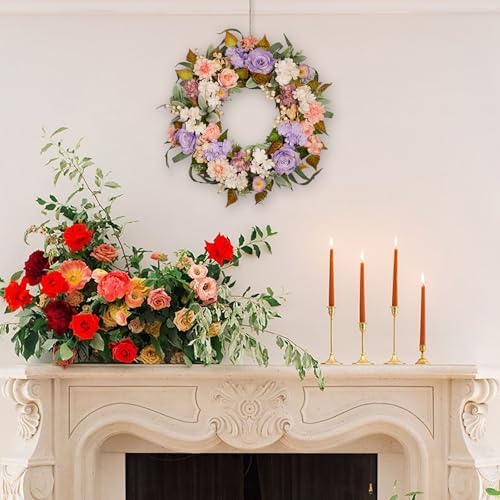 22 Inch Vintage Floral Wreath - Artificial Purple Pink Rose, Peach Dahlia, Hydrangea & White Berry with Boxwood, Lamb's Ear, Willow Eucalyptus, Indoor Outdoor Farmhouse Front Door Decor - Image 4
