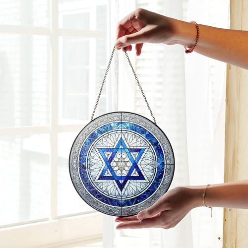 Jewish Star of David Suncatcher, Hanukkah Decor Window Hanging Stained Glass Decoration (7.8 Inches) - Image 5
