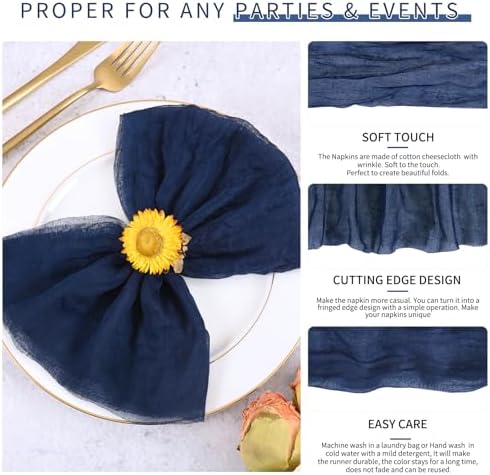100 Pieces Cloth Napkins Navy Blue Dinner Cheesecloth Napkins for Wedding,Wrinkled Cloth Napkins Bulk for Home Party Rustic Table Decoration, 17 x 17 Inch - Image 3