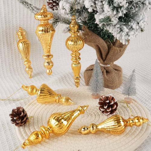 Mercury Glass Christmas Ornaments, Vintage Finial Decorations, Gold, 6-Pc - Image 2