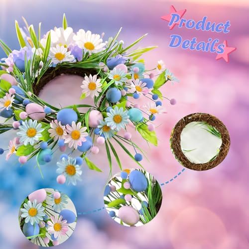 Spring Easter Wreaths for Front Door in 16 inch, Artificial Daisy Easter Egg Decorative,Farmhouse Spring Decorations, Front Door, Wall, Wedding, Easter,Spring(Blue&Pink) - Image 3