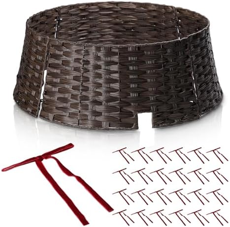 28" Christmas Tree Collar for Pencil Trees with 24Pcs Velvet Christmas Tree Bows,Cord Cut-Out, Basket Tree Skirt Collar Stand for 4.5-9 ft Artificial Trees by TKKEUEP
