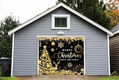Black Gold Garage Door Christmas Cover Decorations: Xmas Tree Garage Door Cover Banner 7x8ft, Merry Christmas and Happy New Year Party Backdrop for Photography Large Christmas Background - Image 4