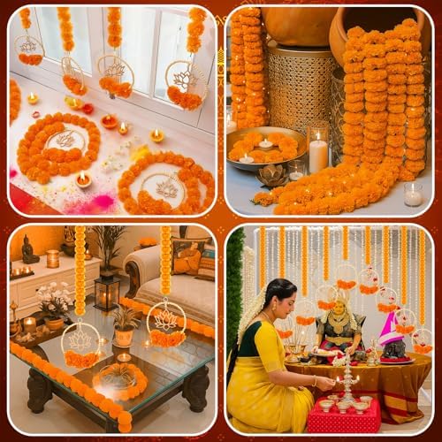 Unbranded 5 Pcs 69.6in Artificial Marigold Garland, Lotus Bead Diwali Decor - Image 4