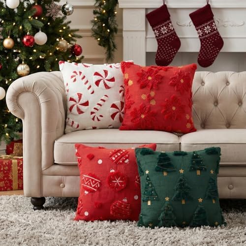 Tiamon 4 Pcs Christmas Throw Pillow Covers 18 x 18 Inch Embroidered Plush by Tiamon