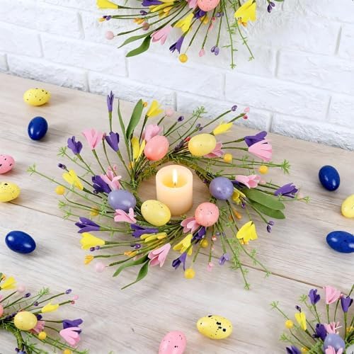 Pillar Candle Ring Wreaths Mini Purple Lavender Table Centerpieces Wreath 9 Inch Wreath for Cabinets Artificial Farmhouse Lavender Wreaths for Front Door Porch Wall Window (6, Easter-2) - Image 2