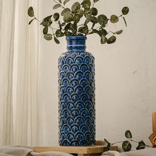 Ceramic Flower Vase,13.98" Tall Vintage Blue Pottery Vase for Home Decor, Rustic Textured Vase for Pampas Grass, Living Room, Entryway, Mantel, Kitchen Table by SUREYUESI