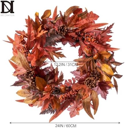 DN DECONATION 24 Inch Fall Wreaths for Front Door, Autumn Farmhouse Wreaths - Image 3