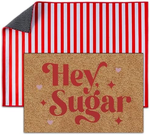 2 Pcs Hey Sugar Door Mat, Valentine Door Mat Valentines Day Welcome Mat Non Slip Coir Doormat Red and White Striped Mat Layering Doormats for Home Bathroom Front Porch Entryway Decor 24"x 32" - Image 3