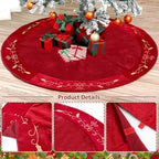 QOUBAI 48inch Christmas Tree Skirt Red Luxury Velvet Plush Fur Skirts with Gold Embroidery Xmas Velvet Tree Skirt Holly Leaves Gold Embroidered Tree Skirt for Christmas Holiday Party Decorations - Image 3