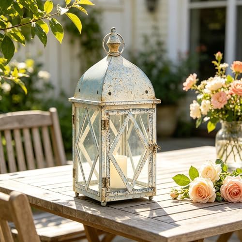 Vintage Metal Candle Lantern with Glass 17in Distressed Blue Rustic Large Farmhouse Hanging Candle Holder Lanterns for Indoor & Outdoor Front Porch Table Centerpiece Decor (Blue) - Image 2