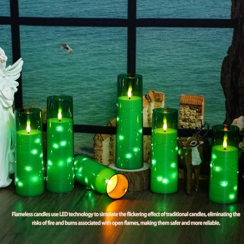 Nimiko Flickering Flameless LED Candles,Battery Operated Candles 9 Pcs with Embedded Star String,Acrylic LED Pillar Candles with Remote,Suitable for Home Decoration to Create an Atmosphere (Green) - Image 5