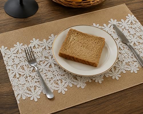 Natural Jute Placemats Set of 6 with Floral Lace, Burlap Table Mats - Image 4